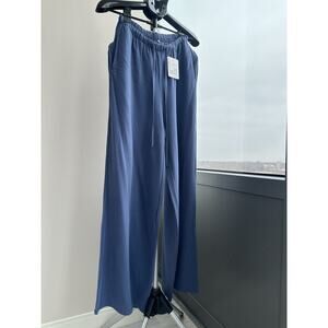 New Trend Women's Blue Cotton Linen Drawstring Wide Leg Pants Relaxed Fit Size L
